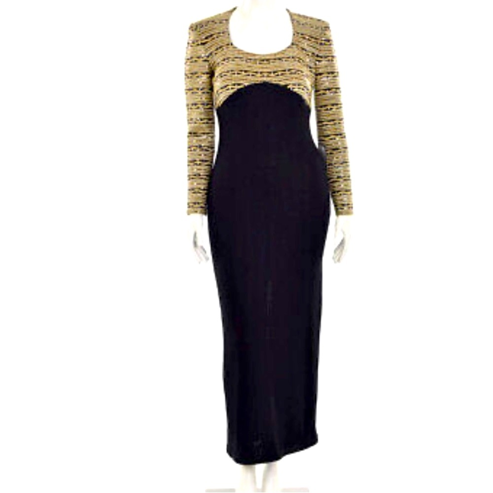 St. John Sequined Evening Gown, floor length Black & gold. Long sleeves. Size 10